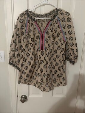 ivy jane Beige Peasant Blouse with Black Print and Pink/Blue Embroidery